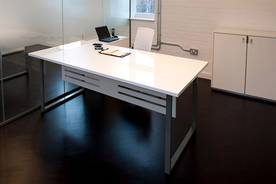 Gloss laminated desk and cabinet with powder coated legs