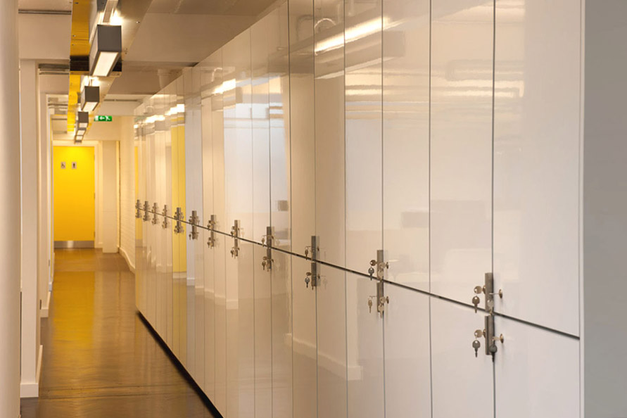 Gloss laminated lockers with stainless steel handles